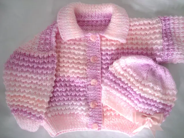Hand Knitted Baby Girls Cardigan & Hat Set 12-18 Mths Pinks