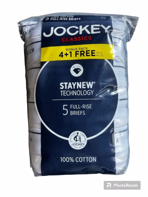 New Sealed JOCKEY CLASSIC briefs 5 pk. Full Rise 100% Cotton Staynew Tech. sz 42
