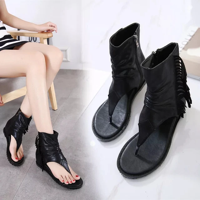 Sandales Femmes Basses Noir Tongs Franges Compensé 4 CM Cuir Synthetique 13452
