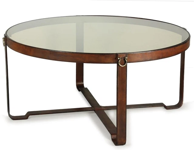 Coffee Table Cocktail SARREID Antique Brown Smoke Brass Handles Glass Iron