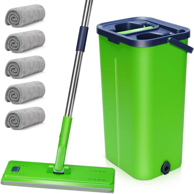 Set Mocio Lavapavimenti Con Secchio - 10 Panni Microfibra, Manico Acciaio 140 Cm, Strizzatore