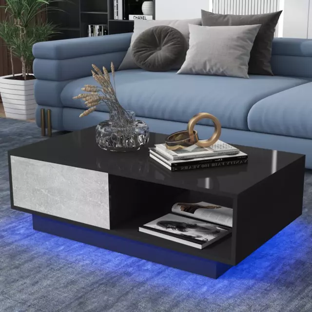 Coffee Table with 4 Drawers LED Center,Side Tea Tables Black High Gloss Finish