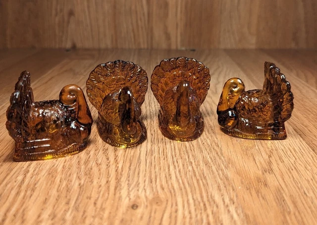 Williams Sonoma Turkey Taper Candle Holders Amber Glass Thanksgiving Set of 4 2"