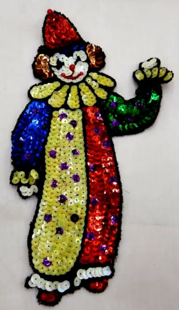 Vintage 9 1/4" Standing Clown Mardi Gras Sequin Beaded Rainbow Applique Patch