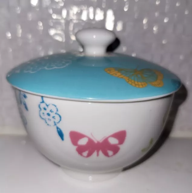 Portmeirion Dawn Chorus Blue White Sugar Bowl With Birds Butterflies & Flowers