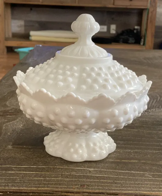 Fenton White Milk Glass Hobnail Candy Dish Lid Pedestal Bowl Footed Compote