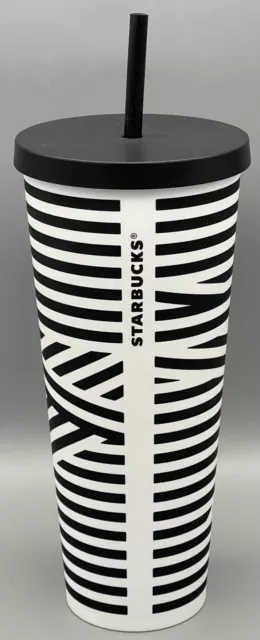 STARBUCKS Black & White ZEBRA STRIPE VENTI Cold Cup TUMBLER 24oz With Straw USED