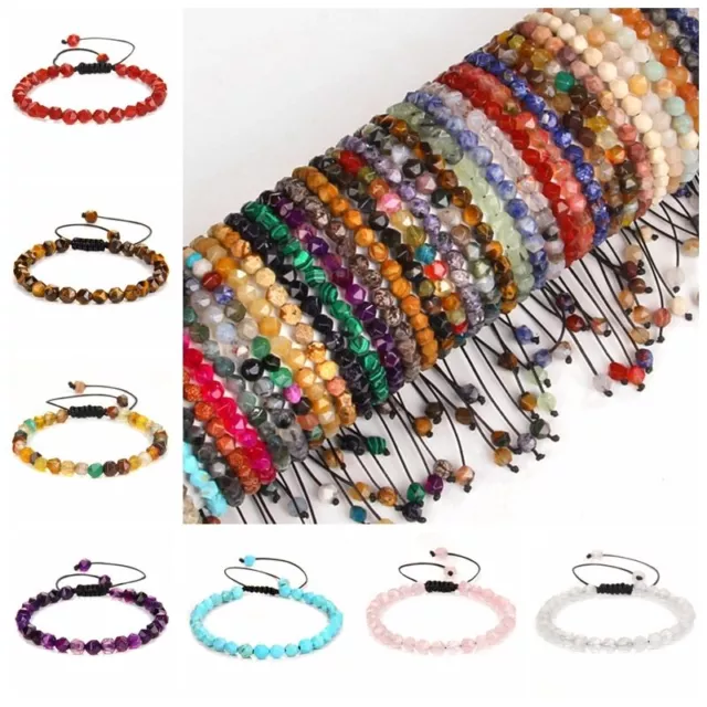 6mm Faceted Handmade Natural Gemstone Beads Braided Adjustable Bracelets Jewelry