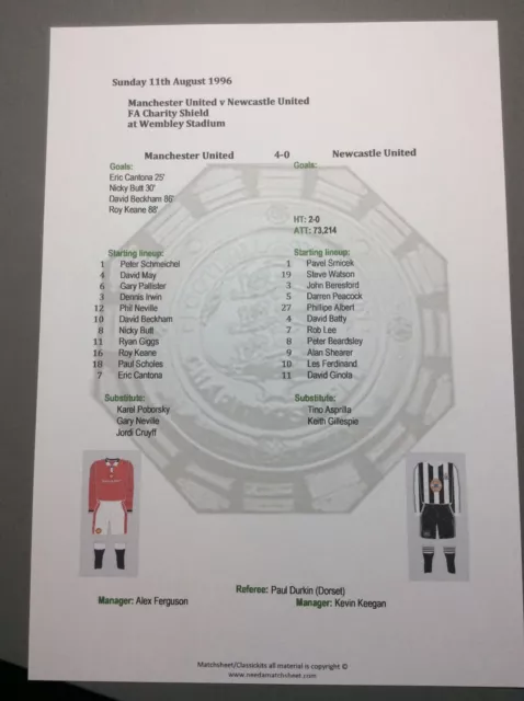 1996 Manchester United v Newcastle United Charity Shield Matchsheet