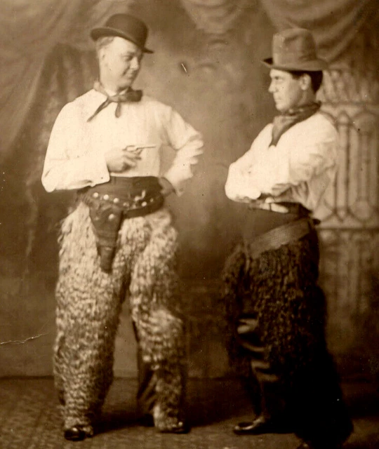 Guns Pistol Cowboys Wool Chaps Studio Bowler Hat Postcard RPPC  Men