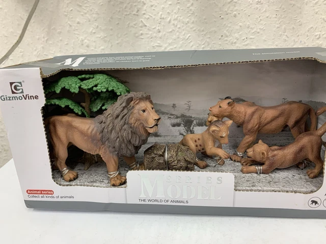 TOY WILD ANIMALS Set Lion Family With Lioness,Cubs,Scenery Boxed ...