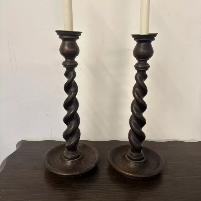 Pair Of Oak Edwardian Art Deco Barley Twist Tall Candlesticks 32cm