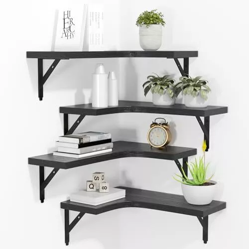 Corner Floating Shelves Wall Mounted Set of 4, Rustic Wood Storage Black