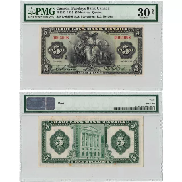 $5 1935 Barclays Bank of Canada Chartered Note #30-12-02 - PMG VF-30 Net