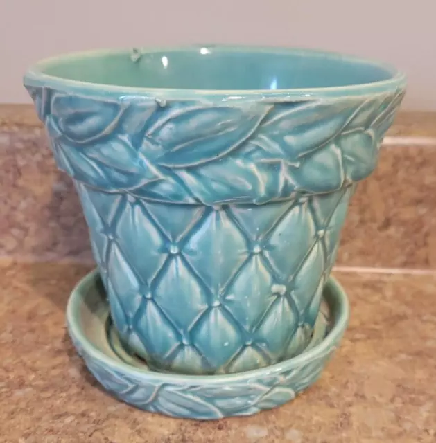 Vintage McCoy Pottery Green Diamond Quilted Flower Pot Planter Jardiniere