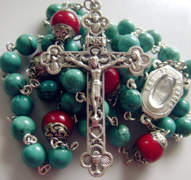 Natural Turquoise & Coral beads Lourdes Water Rosary Cross crucifix Necklace 2