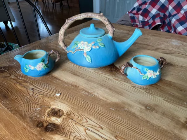 Vintage Roseville Pottery Apple Blossom Blue Tea Pot, Sugar Bowl & Creamer Set-