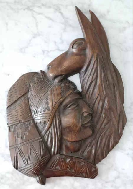 Old Vintage Hand Carved Native American With An Alpaca Wood Carving Wall Hanging