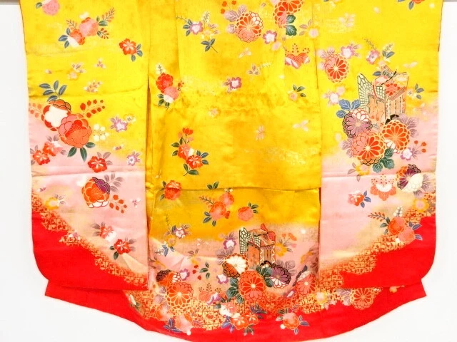 02797# Japanese Kimono / Antique Kimono For Girls / Carriage & Flower