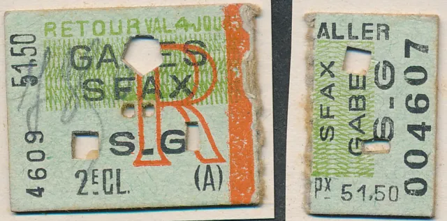 TUNISIA Railway ticket 2nd cl Gabes Sfax 1950 unmatched ½ tickets LN514