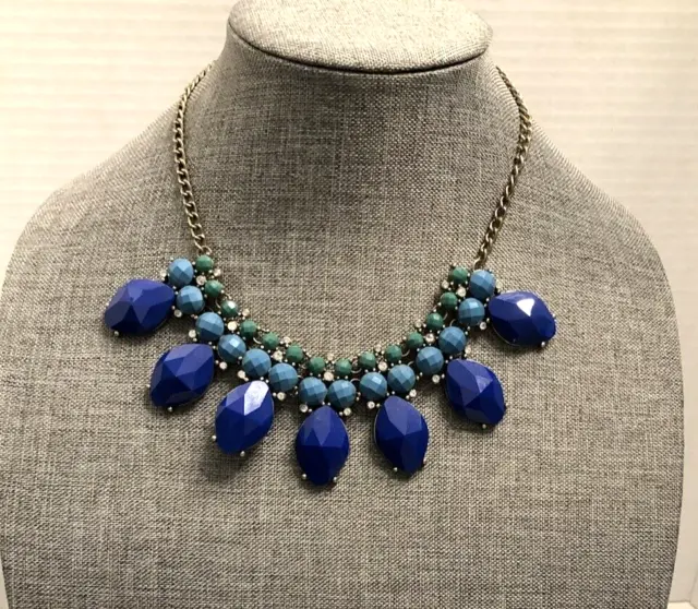 J Crew Bold Large Blue and Teal Faceted Bead Summer Statement Necklace Sparkle