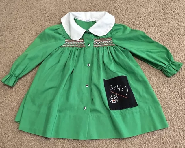 Vintage Polly Flinders Green Hand Smocked School Dress, Size 4