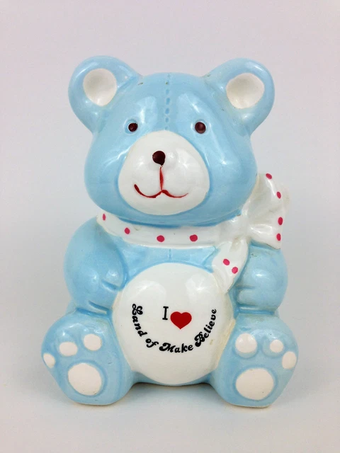 I Love Land of Make Believe Theme Park Teddy Bear Coin Bank Ceramic Figurine OOP