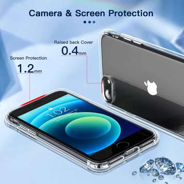 For iPhone SE/6S/7/8 Plus Phone Case Shockproof Clear Cover + Tempered Glass 3