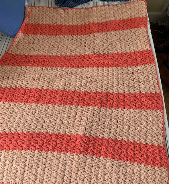 HANDMADE Peach & Coral Orange Striped Crochet Blanket Afghan 69" x 50"