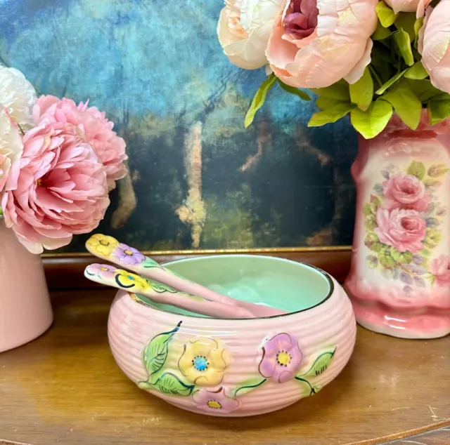 Vintage Mid-Century Pink Lustreware  Embossed Floral Salad Bowl & Serving Spoons