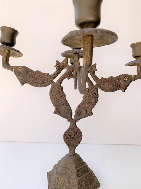 Mid 20th Century Very Rare Holyland Brass "Tamar" With Fishes Candlesticks