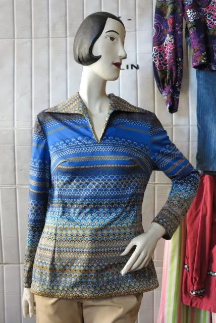 Damenbluse Shirt Tunika Oberteil blau ocker 70er True VINTAGE 70s blouse tunic