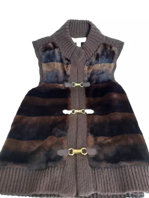 Michael Kors Multi-Color Faux Fur Vest Women's W/ Gold Toned Clasps Brown Med