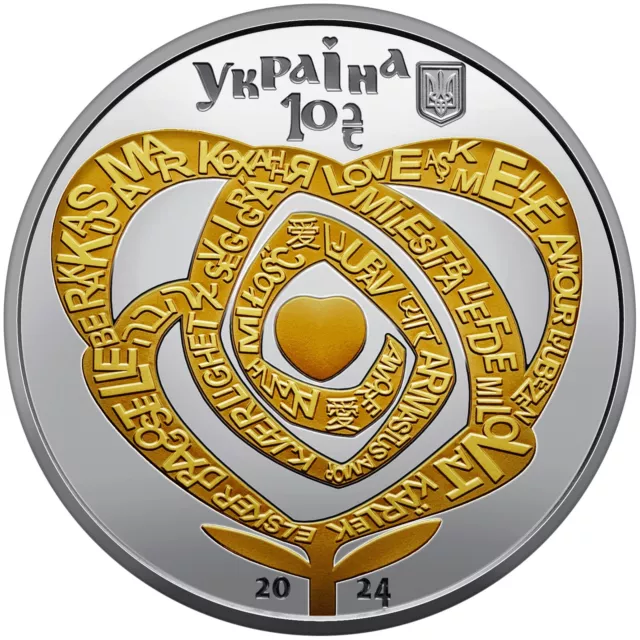 Ukraine, Ten Hryvnya, 10 UAH Love, Gilded coin, Silver 2024 year, Rare