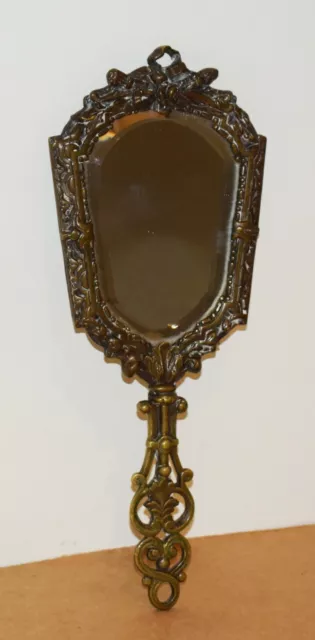 Ancien miroir à main en bronze et glace biseautée - fin 19e siècle