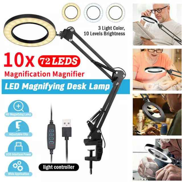 Foldable 10X Magnifier Glass LED Desk Lamp Light Stand Clamp Beauty Magnifying 2