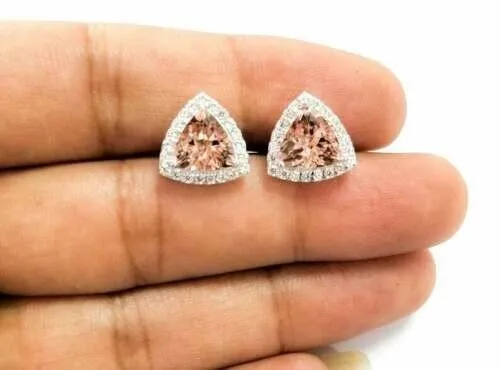 2Ct Trillion Cut Simulated Morganite Diamond Stud Earrings 14K White Gold Plated