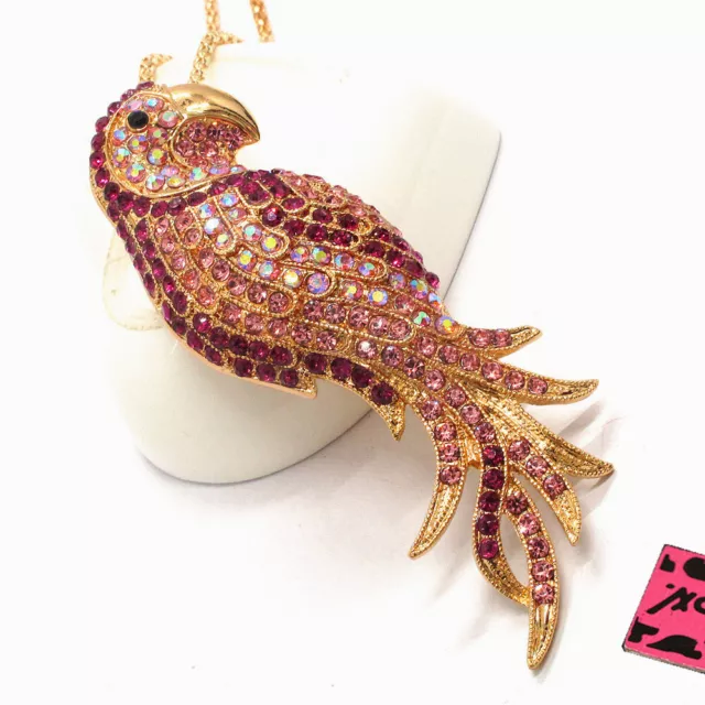 New Betsey Johnson Blue Bling Crystal Parrot Rhinestone Pendant Chain Necklace