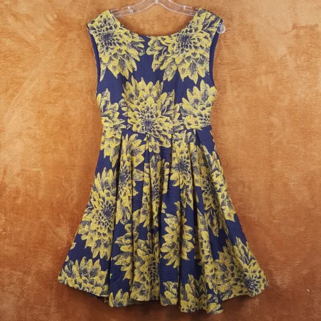 ALICE + OLIVIA Womens Dress Size 4 Blue Yellow Flare Sunflower REESE Box Pleat