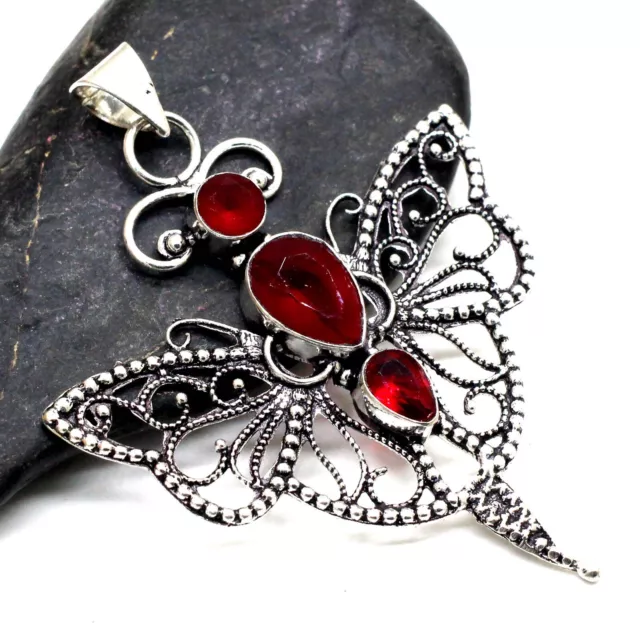 925 Sterling Silver Mozambique Garnet Gemstone Jewelry Butterfly Pendant S-2.10" 2