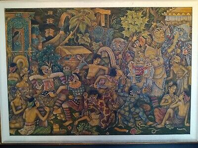 Vintage Ubud Bali Balinese "Peliatan Festival" Fine Art Painting 1970's HUGE!