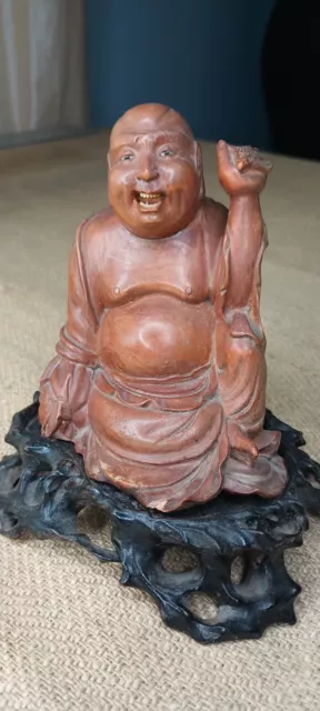 RARE Antique 19th c Carved Wood Happy Sitting Laughing Buddha Statue With Bat