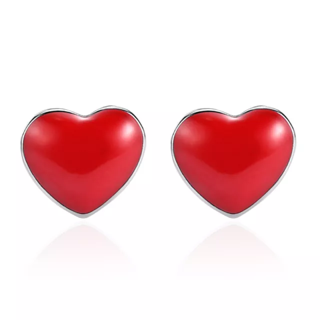 925 Sterling Silver Red Enamel Heart Earrings Stud Womens Fashion Jewelry Gift