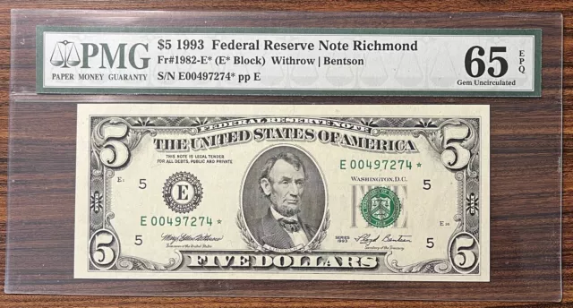 1993 Five Dollar STAR $5 Federal Reserve Note PMG 65 EPQ GEM UNCIRCULATED #75526