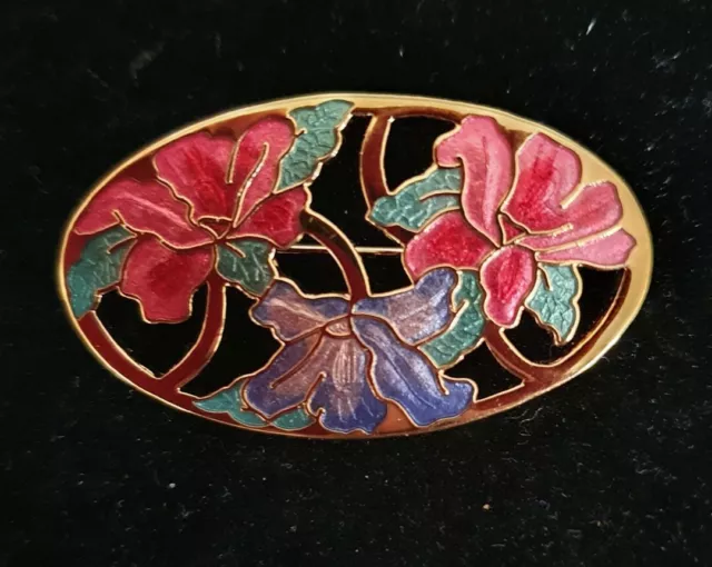 Stunning Vintage Gold Tone Fish Cloisonne Large Trio Floral Brooch In Orig. Box