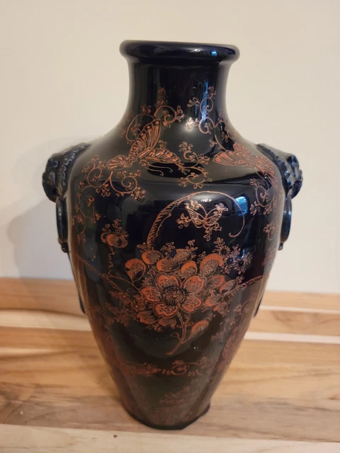 Colbalt Blue Glazed Hand Decorated 10" Porcelain Vase Elephant Handles Signed