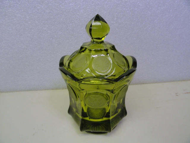 Vintage Fostoria Green Coin Glass Lidded Candy Sugar Dish Jar Eagle Stars