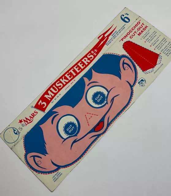 1960's Disney PINOCCHIO cut out mask on MARS 3 Musketeers Candy Bar box tray