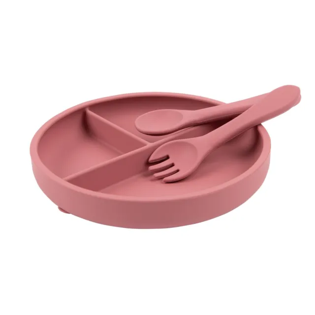 Tiny Dining Dusty Rose Baby Divided Silicone Suction Plate, Fork & Spoon Set