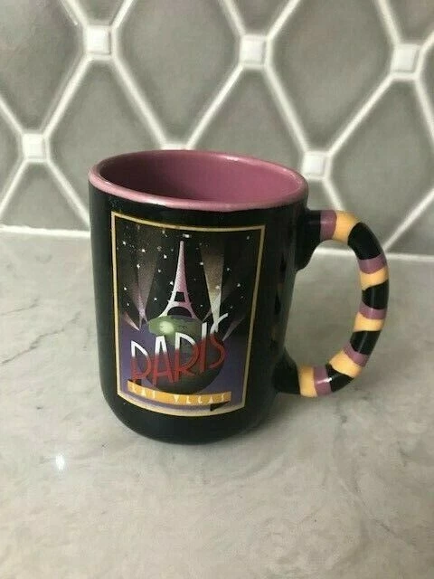 Vintage Rare Paris Las Vegas Coffee Cup Mug Black Eiffel Tower Purple Gold EUC